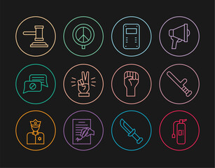 Canvas Print - Set line Fire extinguisher, Police rubber baton, assault shield, Hand showing two finger, Speech bubble chat, Judge gavel, Raised hand with clenched fist and Peace icon. Vector