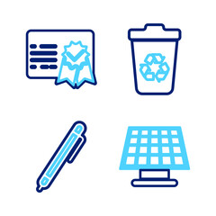 Sticker - Set line Solar energy panel, Pen, Recycle bin with recycle and Certificate template icon. Vector