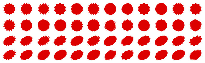 Wall Mural - Set of red price sticker, sale or discount sticker, sunburst badges icon. Stars shape with different number of rays. Special offer price tag. Red starburst promotional badge shopping labels