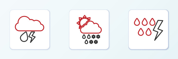 Poster - Set line Storm, Cloud with rain and lightning and snow, rain, sun icon. Vector