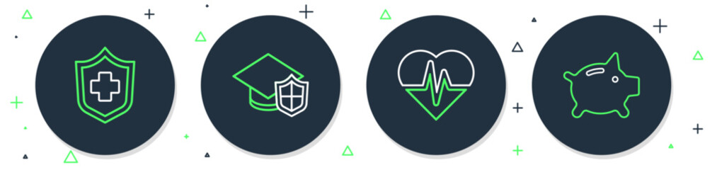 Sticker - Set line Graduation cap with shield, Health insurance, and Piggy bank icon. Vector