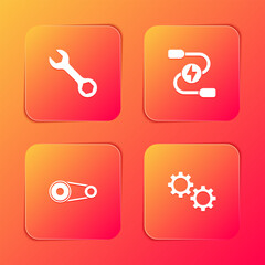 Poster - Set Wrench spanner, Car battery jumper power cable, Timing belt kit and Gear icon. Vector