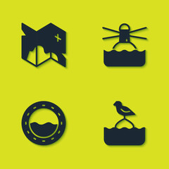 Sticker - Set Pirate treasure map, Seagull sits on buoy, Ship porthole and Lighthouse icon. Vector