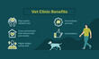 Veterinary clinic benefits vector illustration and icons in hand-drawn style, pet services