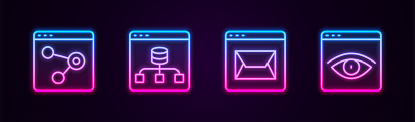 Sticker - Set line Browser window, Server, Data, Website and mail and incognito. Glowing neon icon. Vector