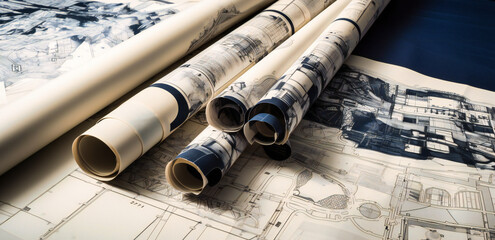 a group of architectural drawings laying on top of them
