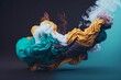 The image features a 3D render of a cloud-like structure in green, blue, yellow, and white colors. It appears to be made of smoke, giving it a dreamy and ethereal quality
