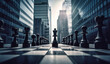 business chess king on the board standing in front of buildings