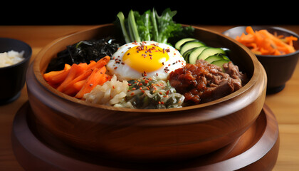 Wall Mural - Experience the vibrant and diverse flavors of Korea with Bibimbap, a traditional dish that's packed with deliciousness. This colorful mix of rice, veggies, meat, and egg.