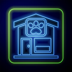 Canvas Print - Glowing neon Pet grooming icon isolated on blue background. Pet hair salon. Barber shop for dogs and cats. Vector