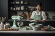 Female Asian middle aged cooking in kitchen apron chef attire. Generative AI AIG23.
