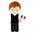 Man in France national costume. Male cartoon character in traditional french ethnic clothes holding flag. Flat isolated illustration.