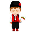 Man in Bulgaria national costume. Male cartoon character in traditional bulgarian ethnic clothes holding flag. Flat isolated illustration.