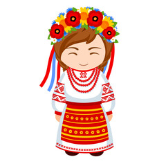 Wall Mural - Woman in Ukraine national costume. Female cartoon character in ukrainian traditional ethnic clothes. Flat isolated illustration.