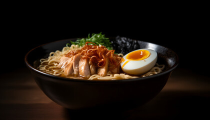 Wall Mural - The savory flavors of teriyaki chicken ramen, a delectable fusion of tender chicken, rich broth, and traditional Japanese seasoning.