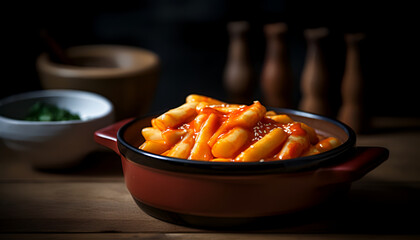 Wall Mural - Indulge in the chewy and spicy goodness of Tteokbokki - a classic Korean dish that's sure to satisfy your cravings. Made from simmered rice cakes, this mouth-watering treat is perfect for anyone .