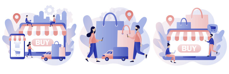 Wall Mural - online shopping store. sale, product order and delivery of goods. business marketing. modern flat ca