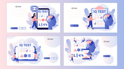 IQ test. Intelligence Quotient. Tiny people determine cognitive abilities. Screen template for landing page, template, ui, web, mobile app, poster, banner, flyer. Vector illustration