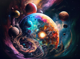  Planets in space. Fantasy galaxy generative AI background