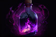 Antique and vintage glass bottle on dark foggy background with light. Poison or magic liquid concept. Generative AI