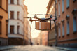 Postal drone . The drone carries a cardboard box Illustration of a package. Drone technology Generative AI