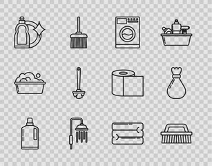 Wall Mural - Set line Plastic bottles for liquid dishwashing liquid, Brush cleaning, Washer, Shower head with water drops flowing, Toilet brush, Towel stack and Garbage bag icon. Vector