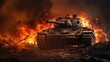 © pickypix - tank on war zone fire and smoke in the desert background Generative AI
