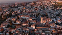 Aerial View Of Granada City, Albaicin District At Sunset, Old Moorish Quarter Of The City, Located On A Hill Facing The Alhambra. Andalusia, Spain