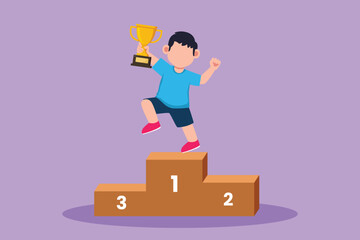 Wall Mural - Graphic flat design drawing of adorable little boy standing on podium as sport competition winner. Championship celebration ceremony. Happy kids win game gold trophy. Cartoon style vector illustration