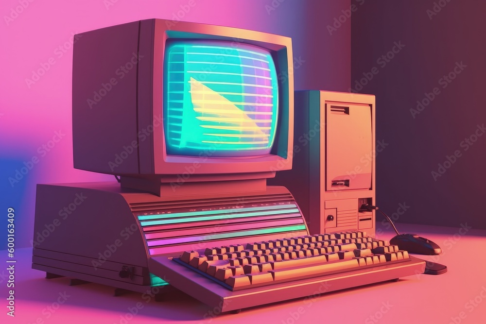 Old computer, pc, 80s and 90s, retro style, colorful background ...