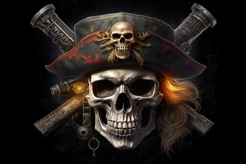 Pirate captain skull with hat, black background fantasy concept. Generative AI