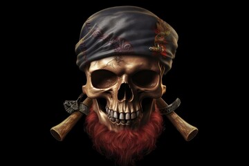 Wall Mural - Pirate captain skull with headband, black background fantasy concept. Generative AI