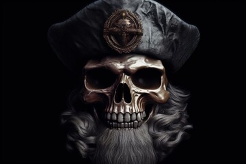 Wall Mural - Pirate captain skull with hat, black background fantasy concept. Generative AI