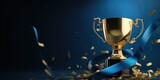 Fototapeta  - Golden trophy and streamers, business and competition concept, blue background. Generative AI