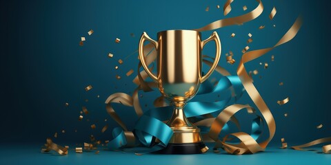 Wall Mural - Golden trophy and streamers, business and competition concept, blue background. Generative AI