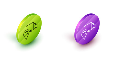 Sticker - Isometric line Delivery tracking icon isolated on white background. Parcel tracking. Green and purple circle buttons. Vector