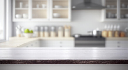 Empty wooden table with kitchen in background