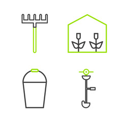 Sticker - Set line Grass and weed electric string trimmer, Bucket, Home greenhouse plants and Garden rake icon. Vector