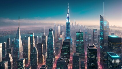 Digital illustration of a city with skyscrapers, generative AI