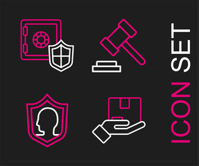 Poster - Set line Delivery insurance, Life with shield, Judge gavel and Safe icon. Vector