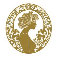 Woman Silhouette Surrounded By Vintage Flowers In Art Nouveau Style. Face Side View. Vector Gold Beautiful Woman Silhouette On White Background. Old Retro Nouveau Style Isolated Decorative Design