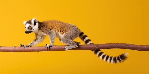 lemur forming living bridge between two branches, set against vibrant, solid-color backdrop, showcasing its agility and balance, concept of Animal adaptation, created with Generative AI technology