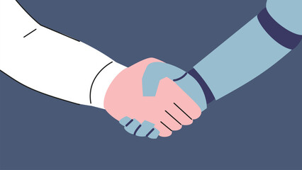 Poster - Robot and human hands doing handshake. Business deal or agreement with android. People and robots friendship, digitalization vector concept