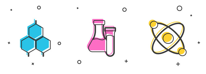 Sticker - Set Chemical formula, Test tube and Atom icon. Vector