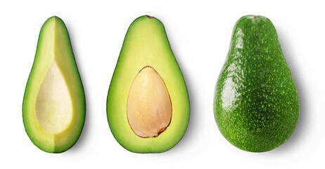 Wall Mural - avocado isolated set. collection of ripe green avocado, half fruit and a slice of avocado on a trans