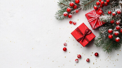 Christmas composition. Gifts, fir tree branches, red decorations on white background. Christmas, winter, new year concept. Flat lay, top view. AI Generative