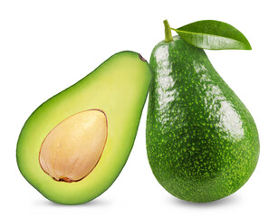 Wall Mural - ripe green avocado and half fruit isolated on white background.