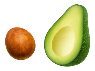 Wall Mural - two halves of a green avocado and the core of the fruit levitate on a transparent background.