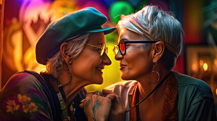 Old smiling friends couple laughing in cafe neon lighting, stylish young spirit two lesbian women LGBT couple with tattoos on body hugs in cafe, happy meeting of old friends, generative AI