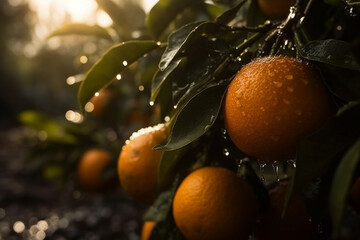 orange trees plantation. water drops on oranges. generative ai